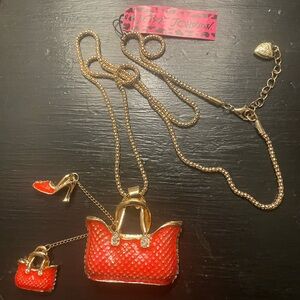 Betsey Johnson Red and Gold Handbag with purse charms Necklace